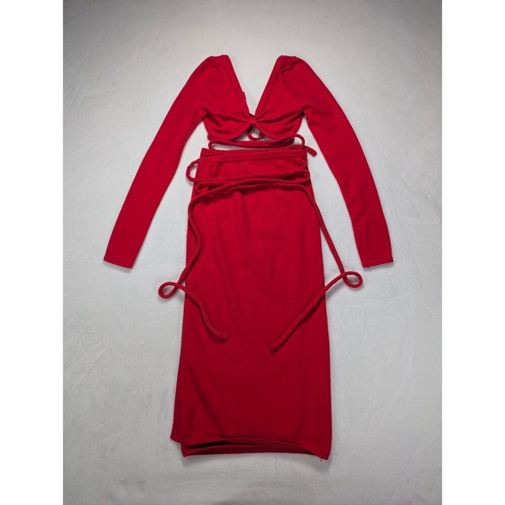 For Love & Lemons Edith Red Cropped Strappy Tie Back Sweater Skirt Set Size S